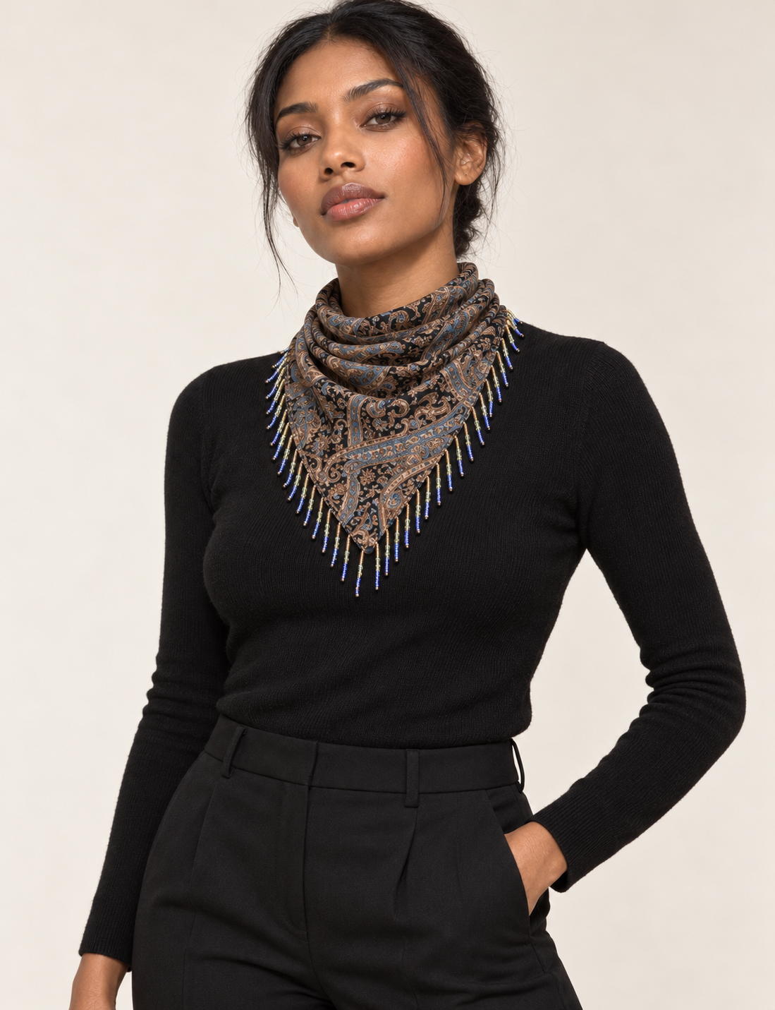 Square lightweight neck scarf with delicate beaded fringes along the edges and neatly stitched finishing, designed for versatile styling.