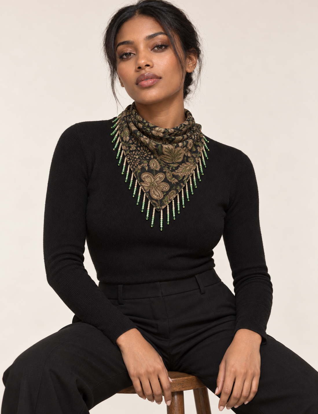 Square lightweight neck scarf with delicate beaded fringes along the edges and neatly stitched finishing, designed for versatile styling.
