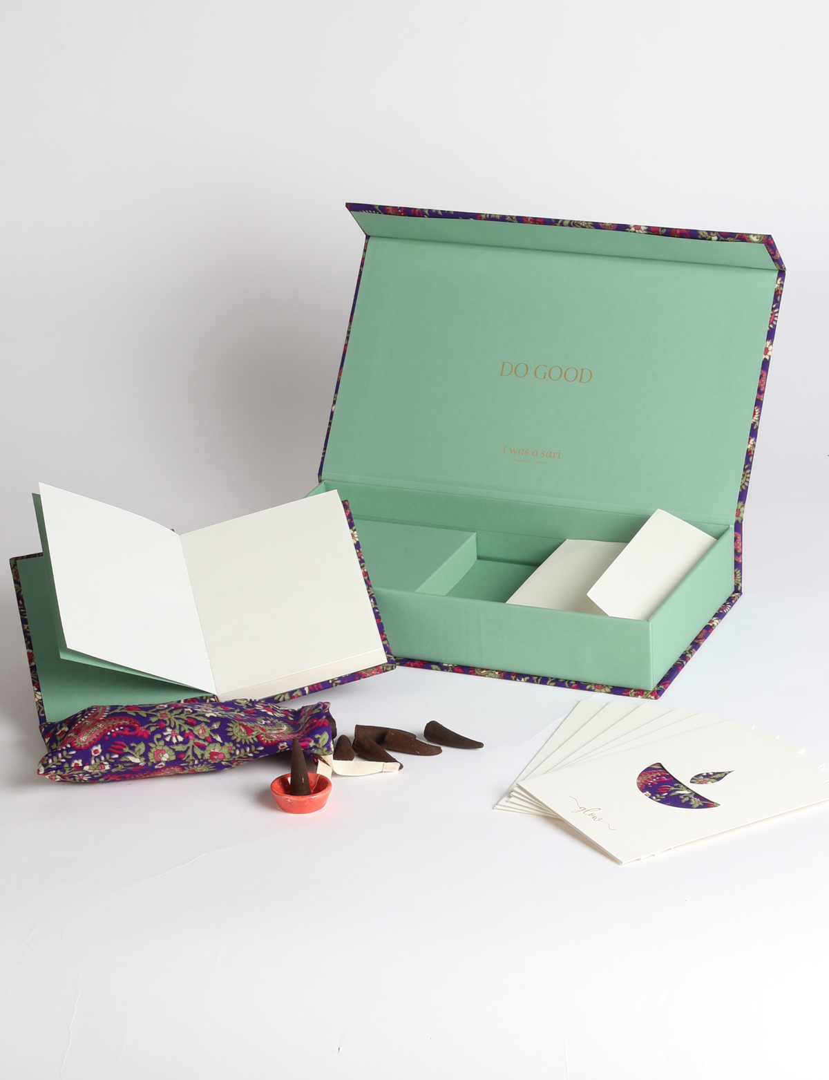 DO GOOD gift box set with hardcover notebook, incense cones, celebration cards with envelopes, and a keepsake box featuring sari detailing.