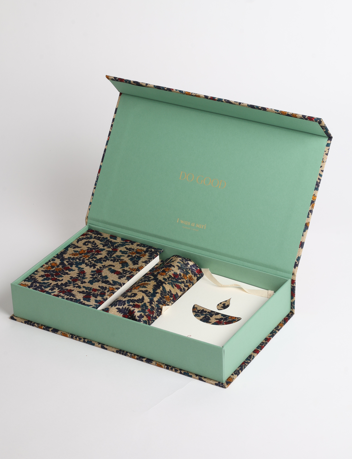 DO GOOD gift box set with hardcover notebook, incense cones, celebration cards with envelopes, and a keepsake box featuring sari detailing.
