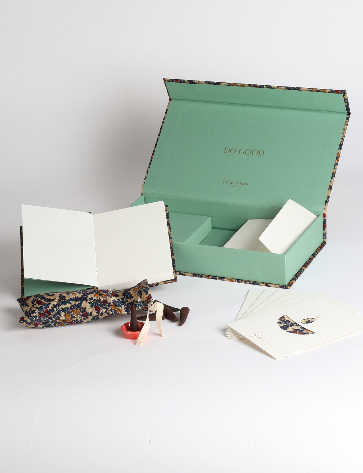 DO GOOD gift box set with hardcover notebook, incense cones, celebration cards with envelopes, and a keepsake box featuring sari detailing.