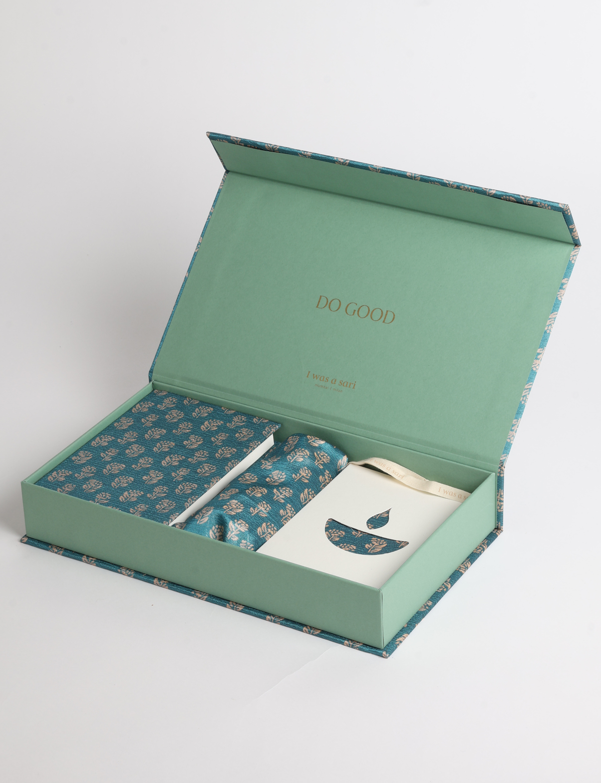 DO GOOD gift box set with hardcover notebook, incense cones, celebration cards with envelopes, and a keepsake box featuring sari detailing.