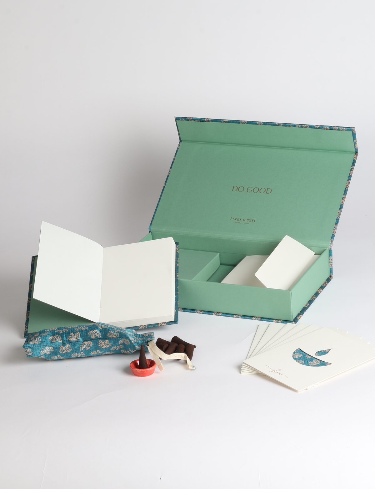 DO GOOD gift box set with hardcover notebook, incense cones, celebration cards with envelopes, and a keepsake box featuring sari detailing.