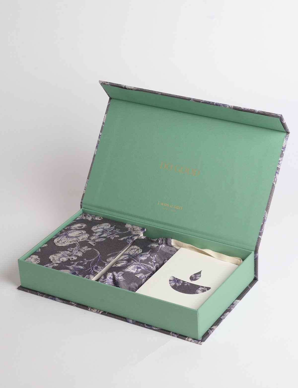 DO GOOD gift box set with hardcover notebook, incense cones, celebration cards with envelopes, and a keepsake box featuring sari detailing.