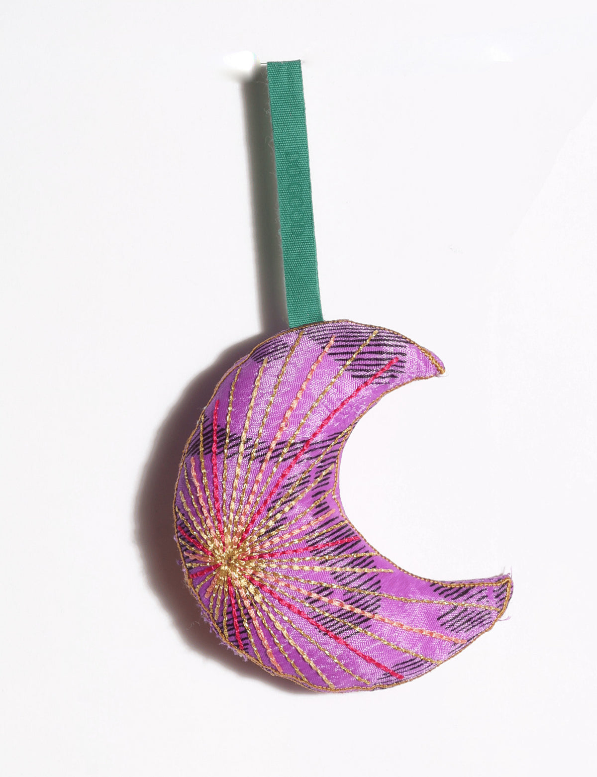 Timeless crescent moon Christmas ornament made from upcycled sari fabric with vibrant silk and metallic gold thread embroidery.