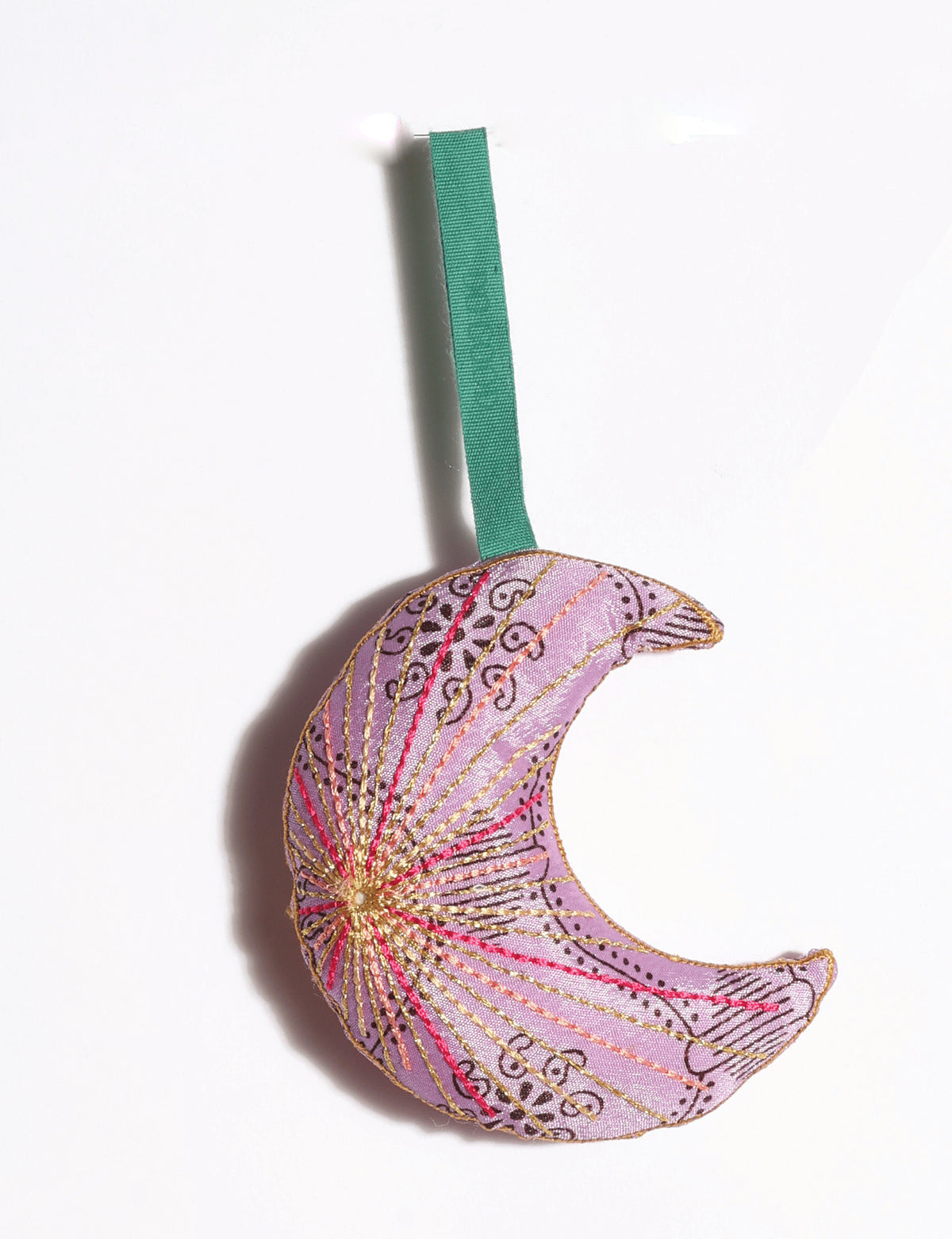 Timeless crescent moon Christmas ornament made from upcycled sari fabric with vibrant silk and metallic gold thread embroidery.