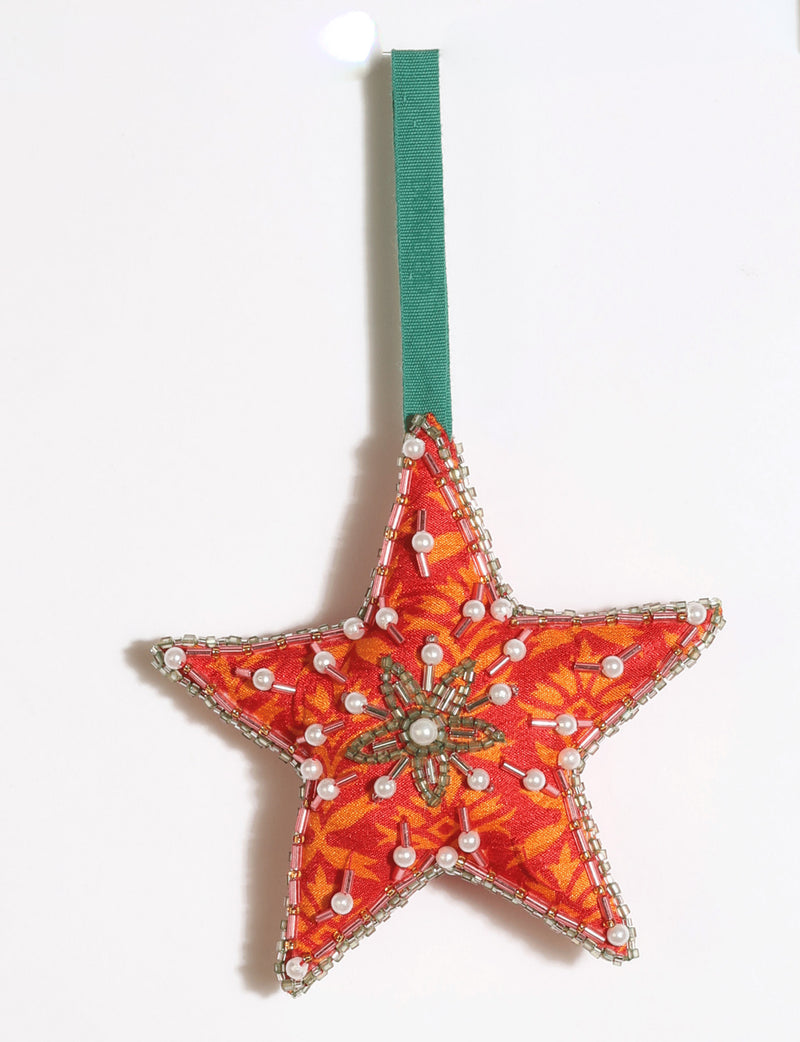 Cheer Star Ornament DO GOOD, crescent moon-shaped festive decoration made from vibrant upcycled saris with hand-embroidered Aari work, beads and stones.