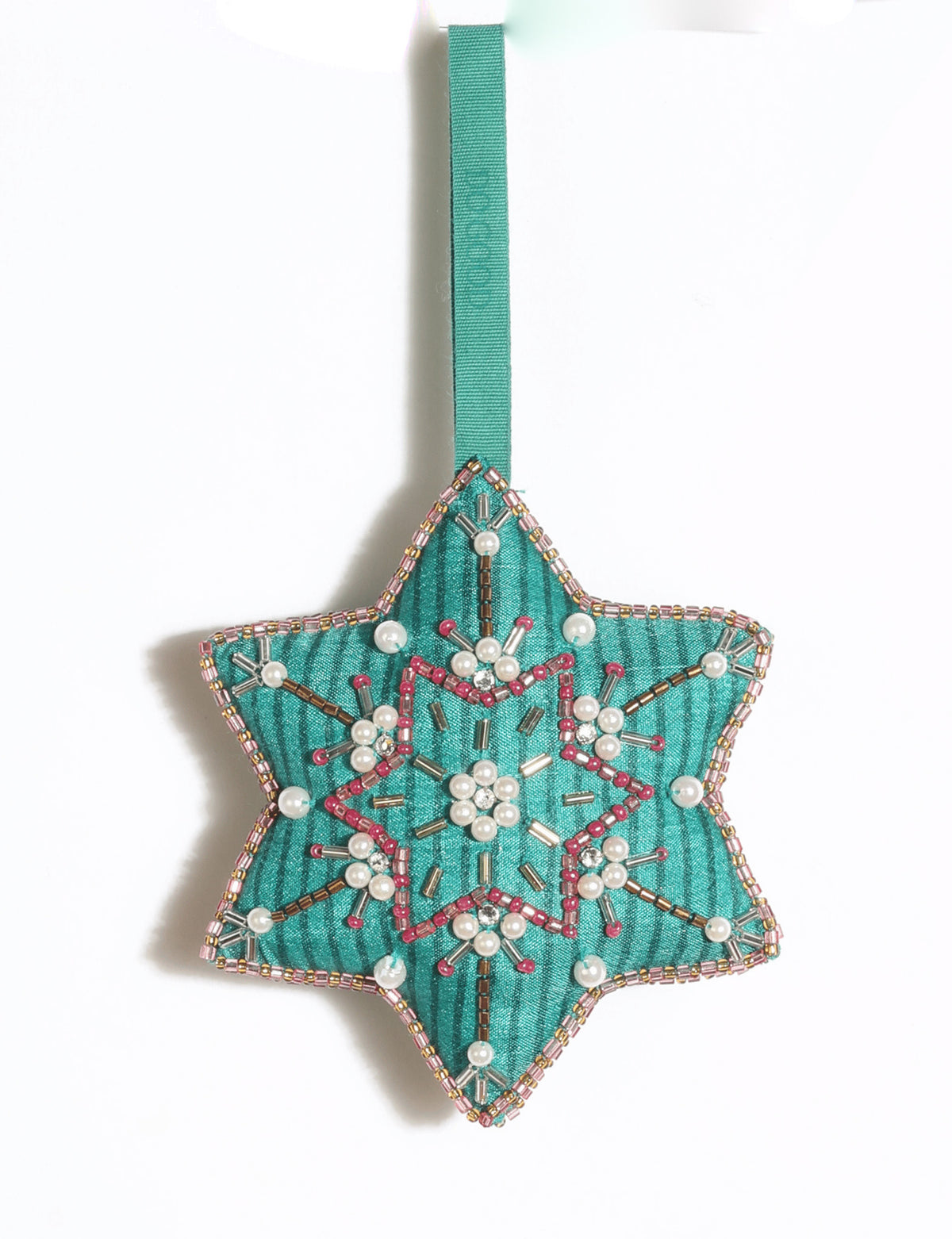 Cheer snowflake Christmas ornament made from vibrant upcycled saris with Aari embroidery and decorative beads