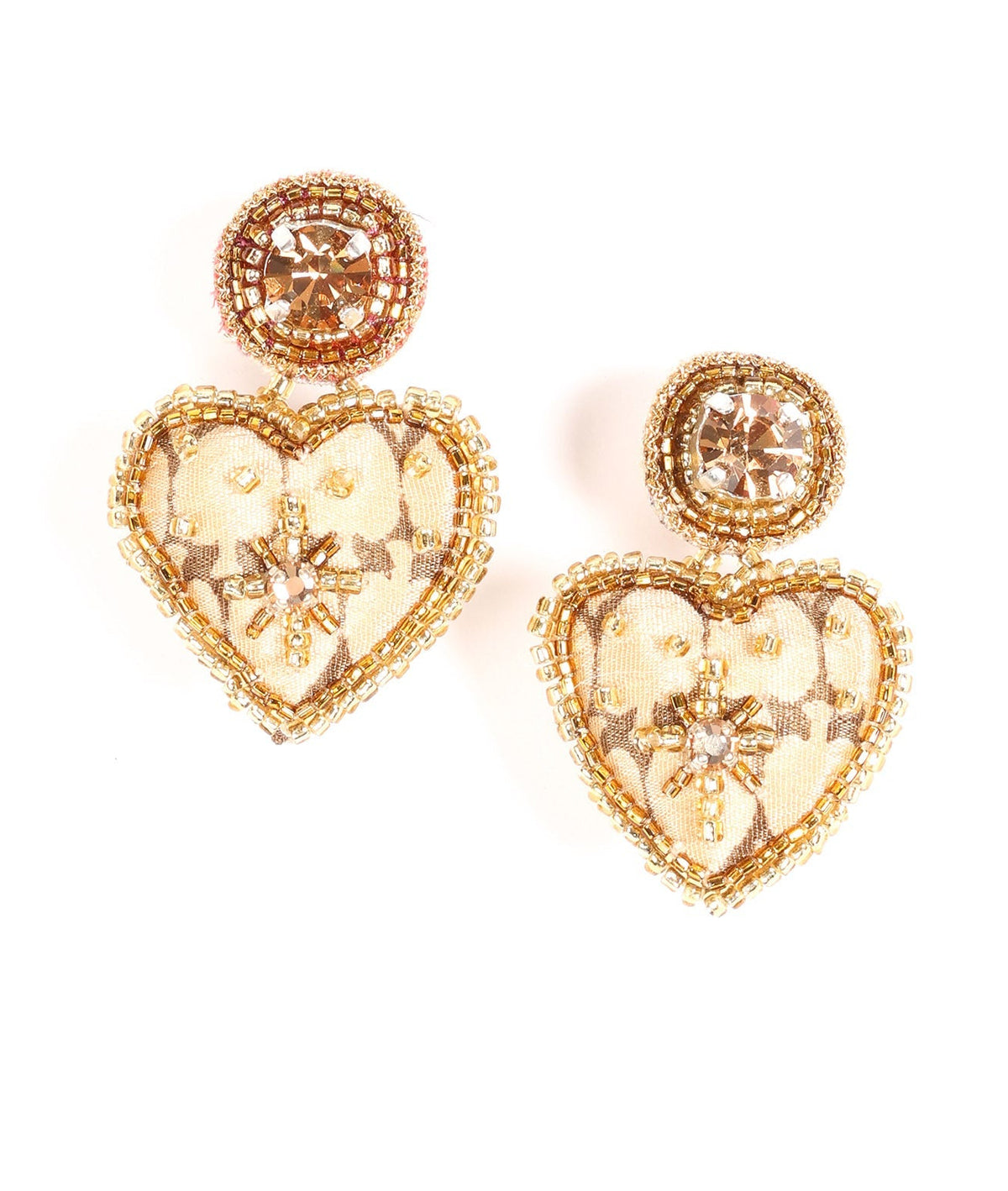 Pink abstract heart drop earrings with gold bead trim and central rhinestone, front view on white background