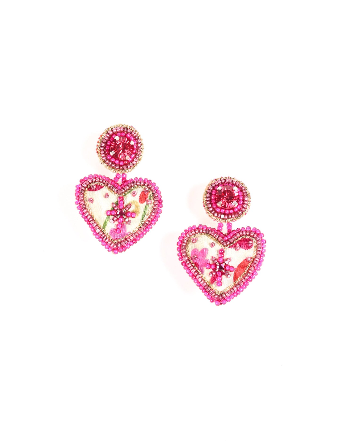 Hand-embroidered Heart Drop Earrings featuring intricate Aari stitching, crafted from recycled sari fabric. A stunning blend of upcycled clothing, ethical fashion, and circular fashion, these earrings embrace recycled sustainable fashion and earth-friendly clothing for a truly elegant, eco-conscious choice.