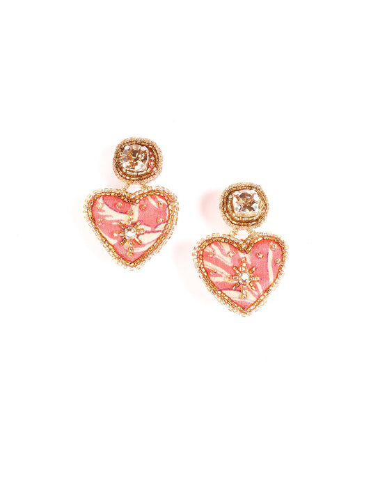 Hand-embroidered Heart Drop Earrings featuring intricate Aari stitching, crafted from recycled sari fabric. A stunning blend of upcycled clothing, ethical fashion, and circular fashion, these earrings embrace recycled sustainable fashion and earth-friendly clothing for a truly elegant, eco-conscious choice.