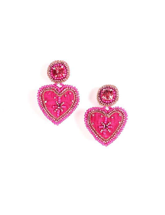 Hand-embroidered Heart Drop Earrings featuring intricate Aari stitching, crafted from recycled sari fabric. A stunning blend of upcycled clothing, ethical fashion, and circular fashion, these earrings embrace recycled sustainable fashion and earth-friendly clothing for a truly elegant, eco-conscious choice.