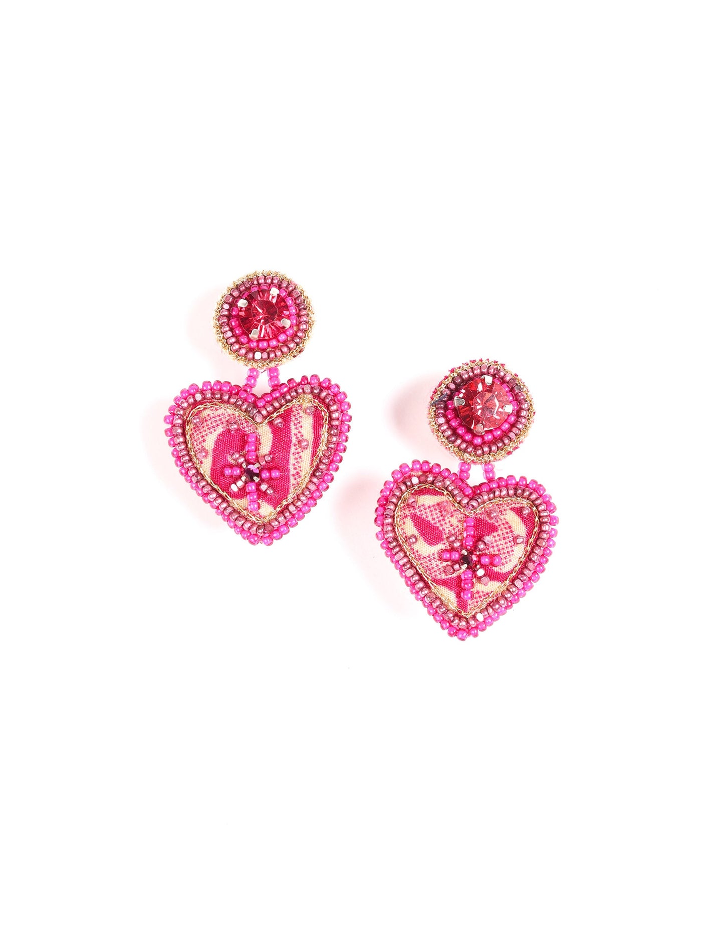 Hand-embroidered Heart Drop Earrings featuring intricate Aari stitching, crafted from recycled sari fabric. A stunning blend of upcycled clothing, ethical fashion, and circular fashion, these earrings embrace recycled sustainable fashion and earth-friendly clothing for a truly elegant, eco-conscious choice.