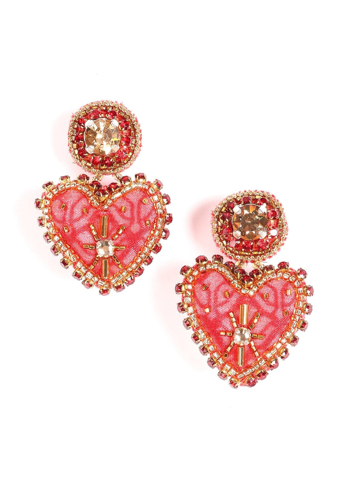 Pink heart drop earrings with red and gold bead embellishments and central round rhinestones, front view on white background