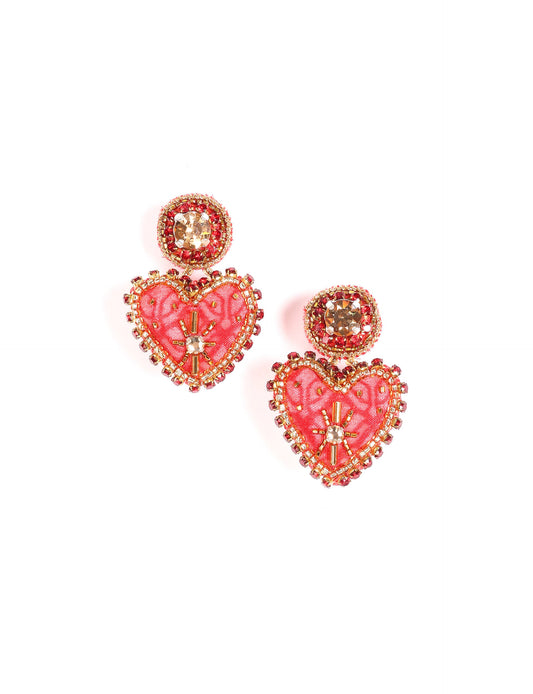 Hand-embroidered Heart Drop Earrings featuring intricate Aari stitching, crafted from recycled sari fabric. A stunning blend of upcycled clothing, ethical fashion, and circular fashion, these earrings embrace recycled sustainable fashion and earth-friendly clothing for a truly elegant, eco-conscious choice.