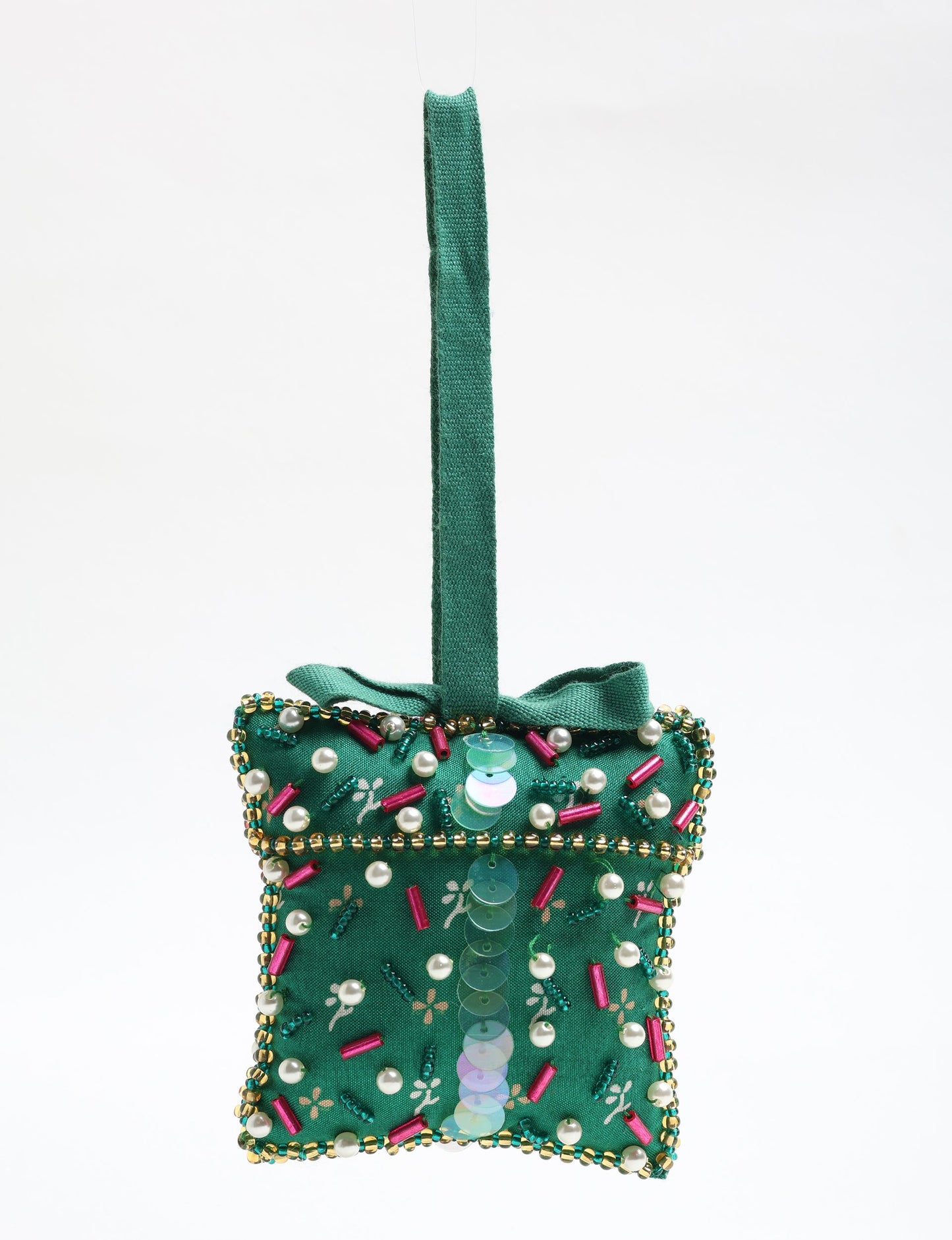 Upcycled bell-shaped Cheer Gift Ornament handmade from recycled sari fabric and decorated with pearls and sequins — an example of eco friendly fashion, recycled clothing, and circular fashion. A festive, earth-friendly decoration from Fair trade fashion and environmentally friendly clothing craftsmanship.