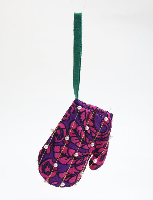 Upcycled Cheer Mitten Ornament handcrafted from recycled sari fabric and organic cotton filling — a cozy example of circular fashion, eco friendly fashion, recycled material clothing, and sustainable women's clothing that celebrates conscious, earth friendly design.