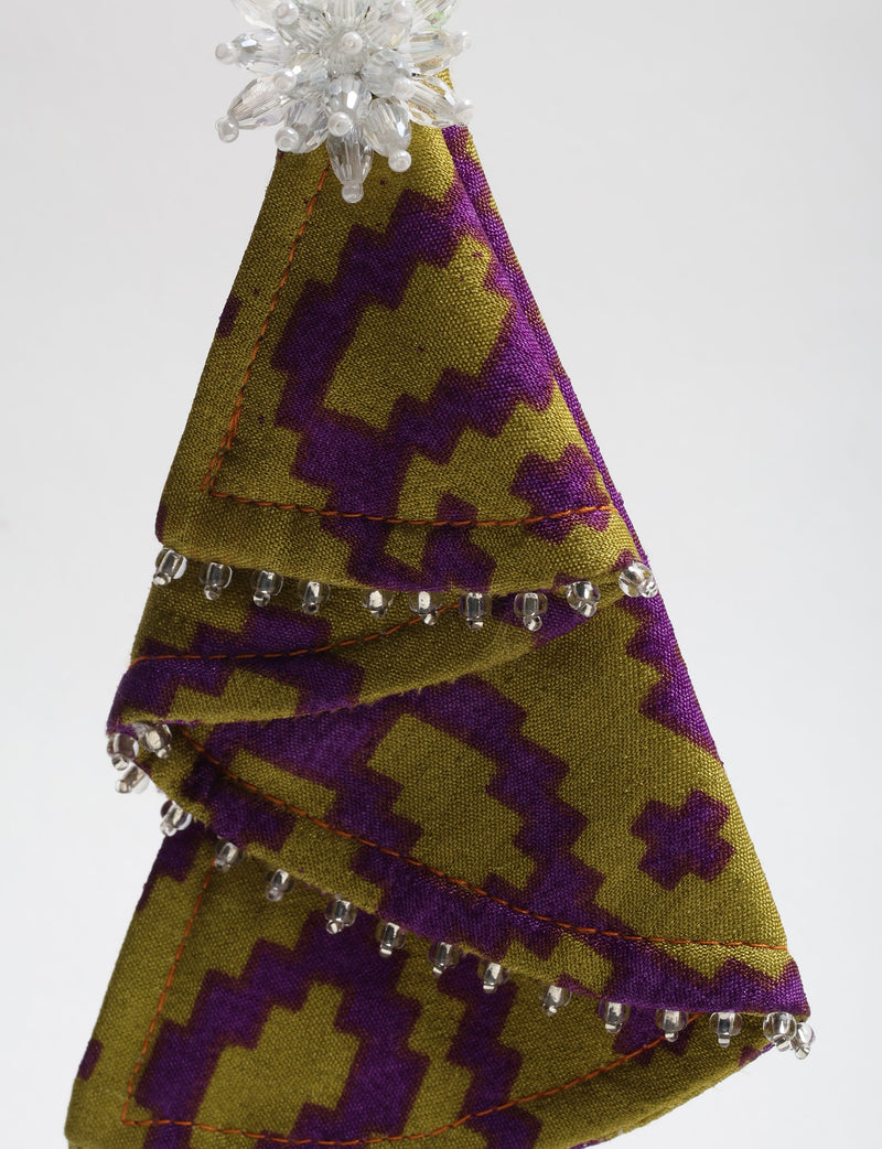 Green and purple fabric tree ornament with clear bead trim and a clear beaded star topper, front view