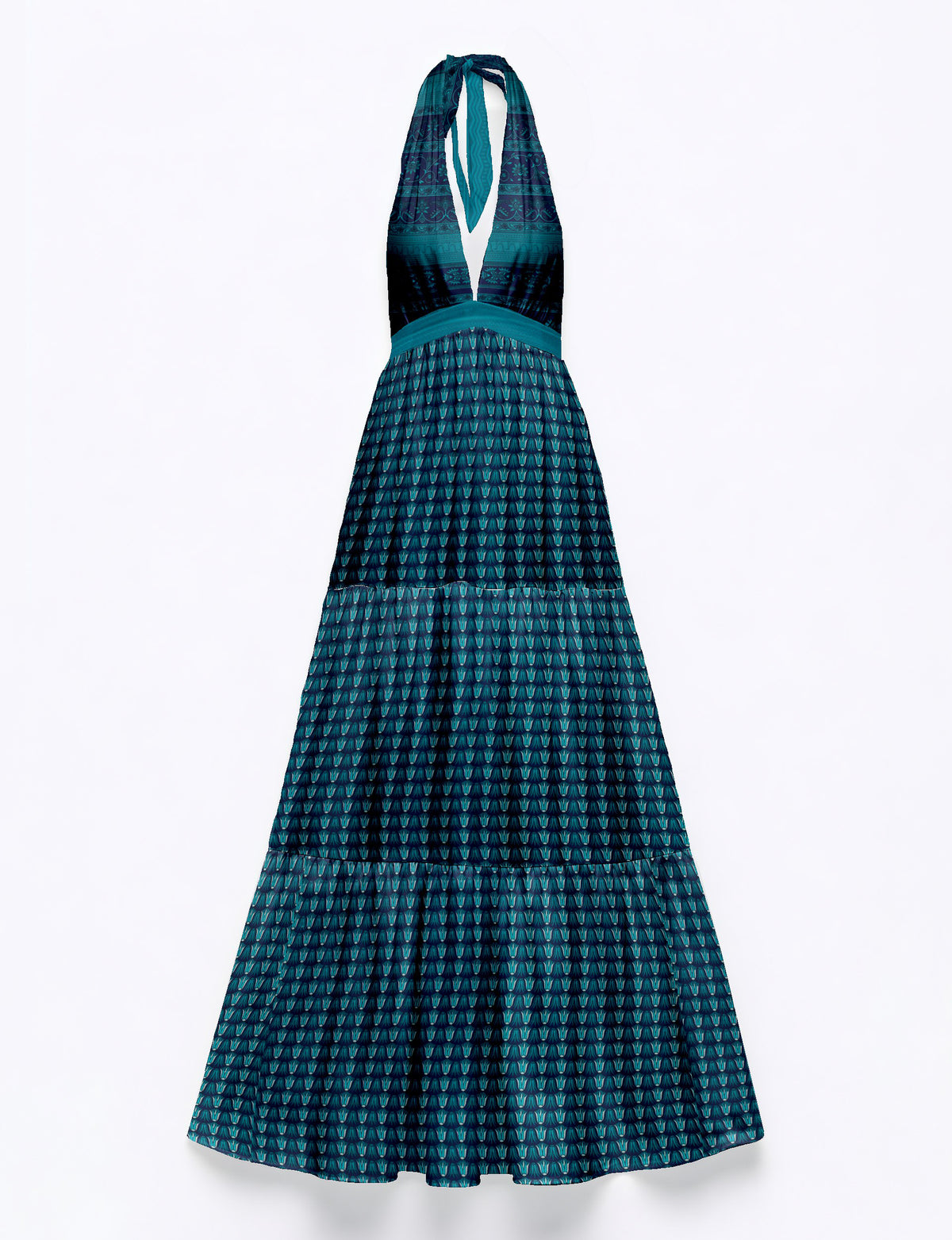 Blue halter neck maxi dress with tiered skirt and mixed leaf and geometric patterns, flat lay view