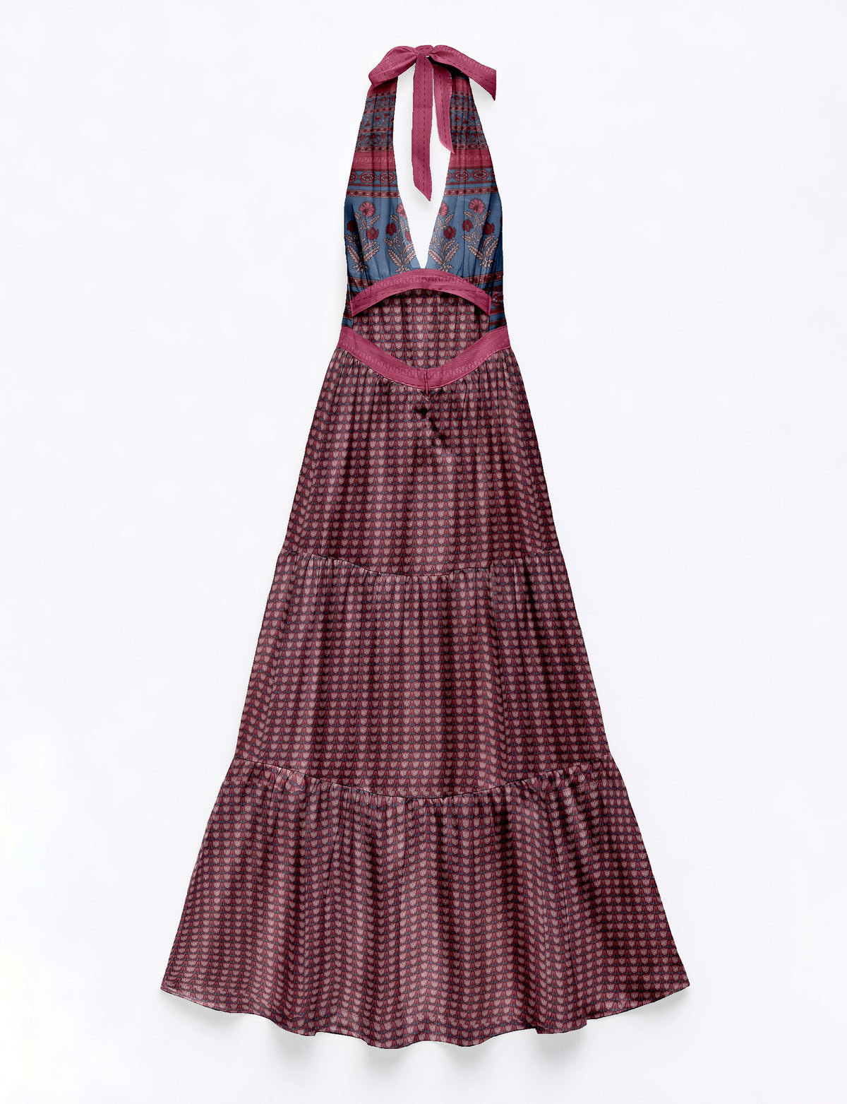 Sleeveless maxi dress with pink leaf pattern, halter neck tie, deep V neckline, and tiered skirt, flat lay view