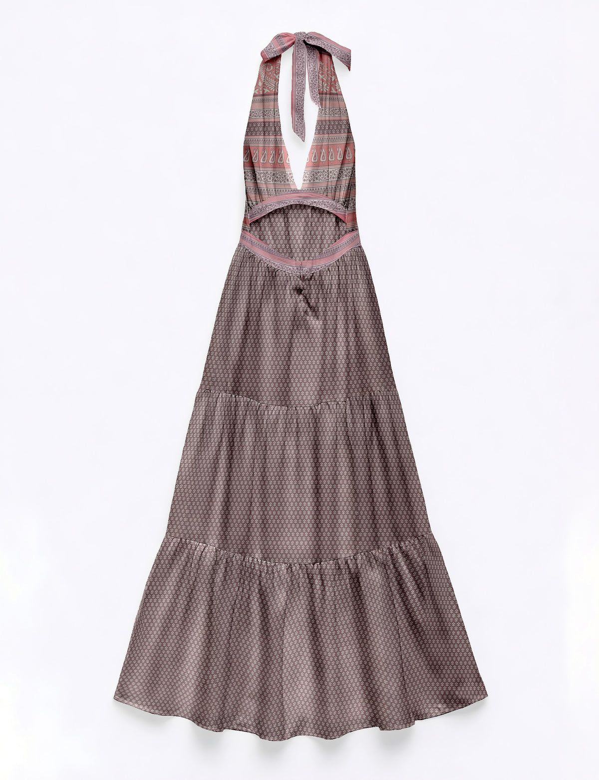 Purple maxi tiered dress with halter neck tie and micro floral and paisley print, flat lay front view