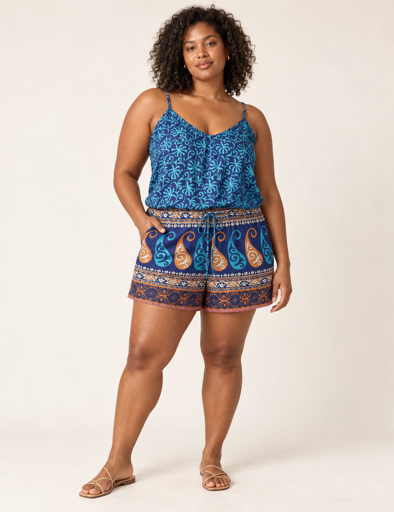 Playsuit with Lace - Blue Leaves