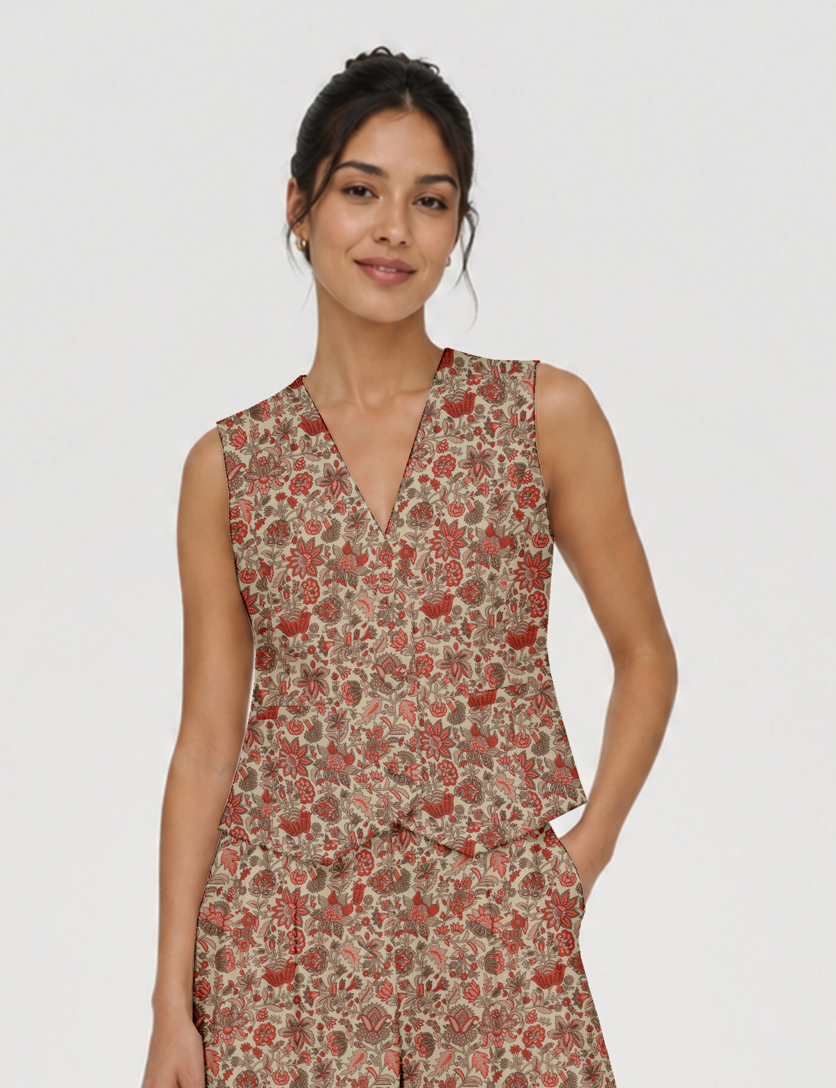Women's fitted waistcoat with V-neck, single-breasted button closure, tailored silhouette, and pointed hem in sustainable fashion.