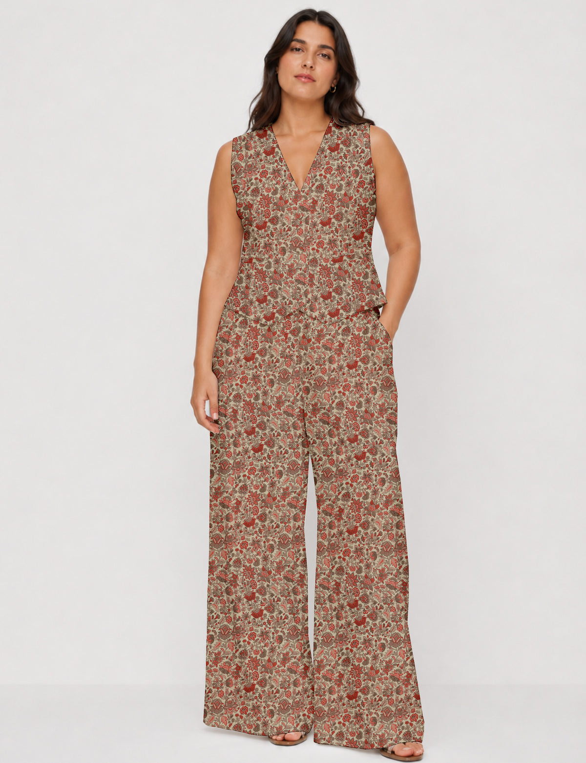 Women's tailored waistcoat set with a sleeveless V-neck button-front waistcoat and high-rise wide leg trousers in a coordinated matching outfit.