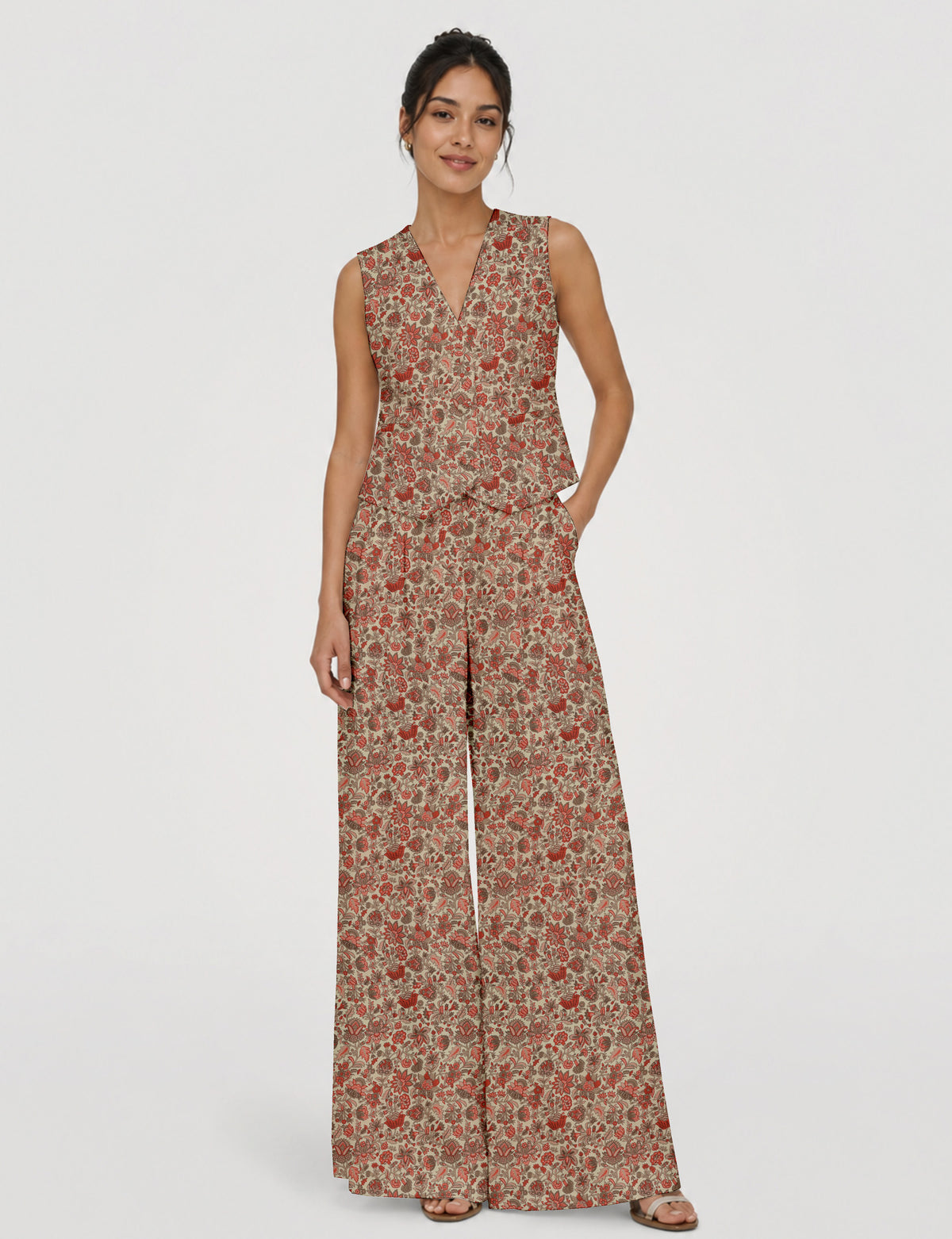 Women's tailored waistcoat set with a sleeveless V-neck button-front waistcoat and high-rise wide leg trousers in a coordinated matching outfit.