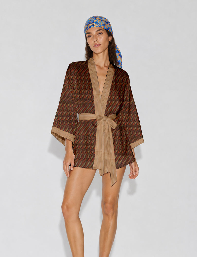 Short kimono robe - Orange Floral