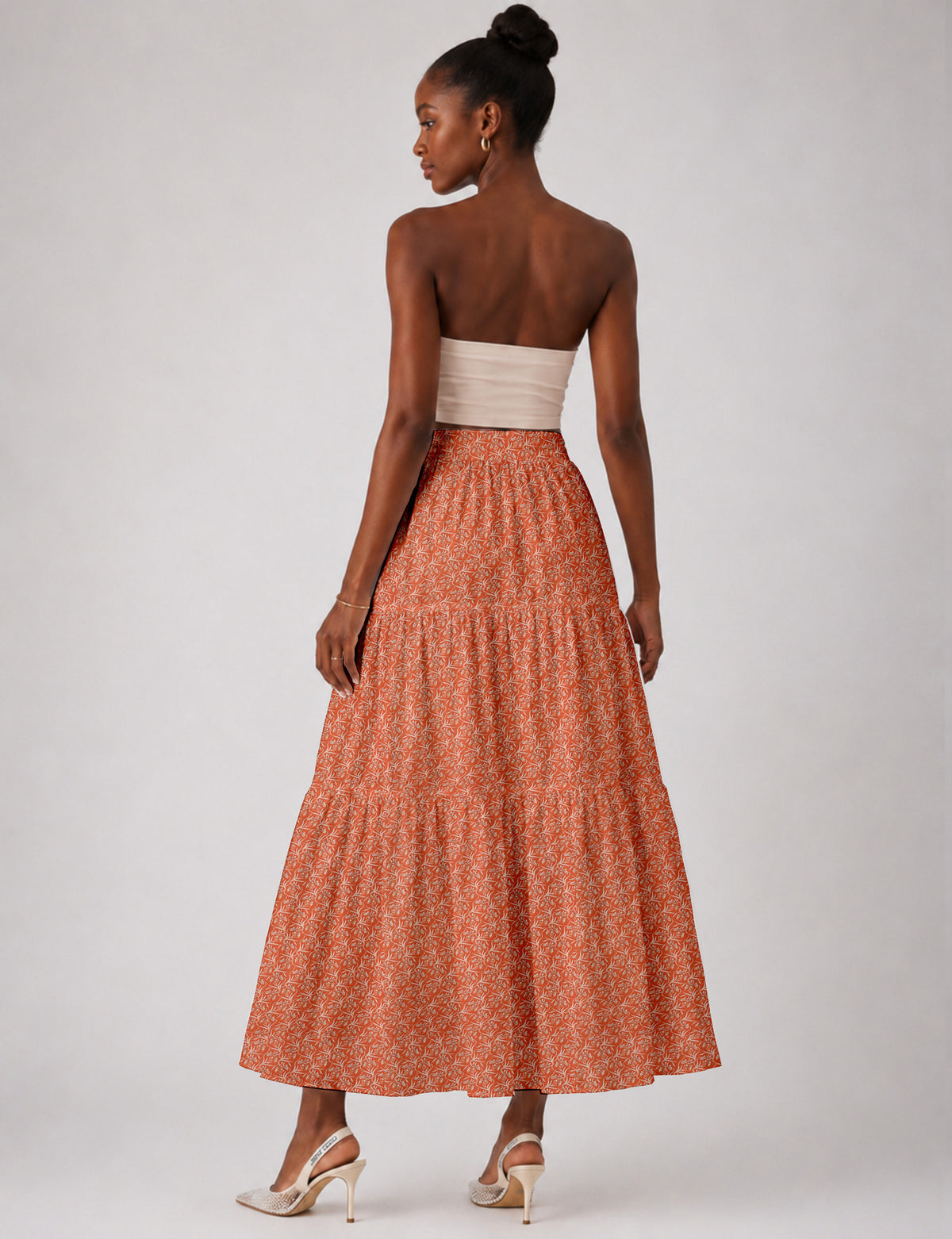 Midi Tiered Skirt - Orange Floral