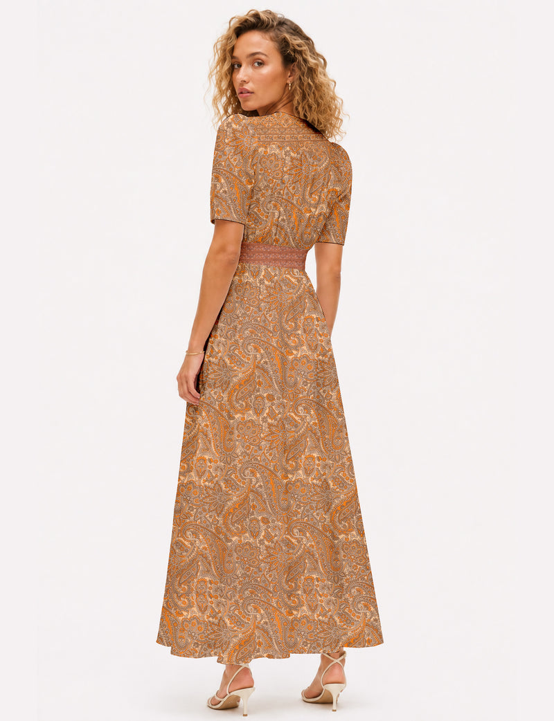 Maxi romantic dress - Orange Paisley