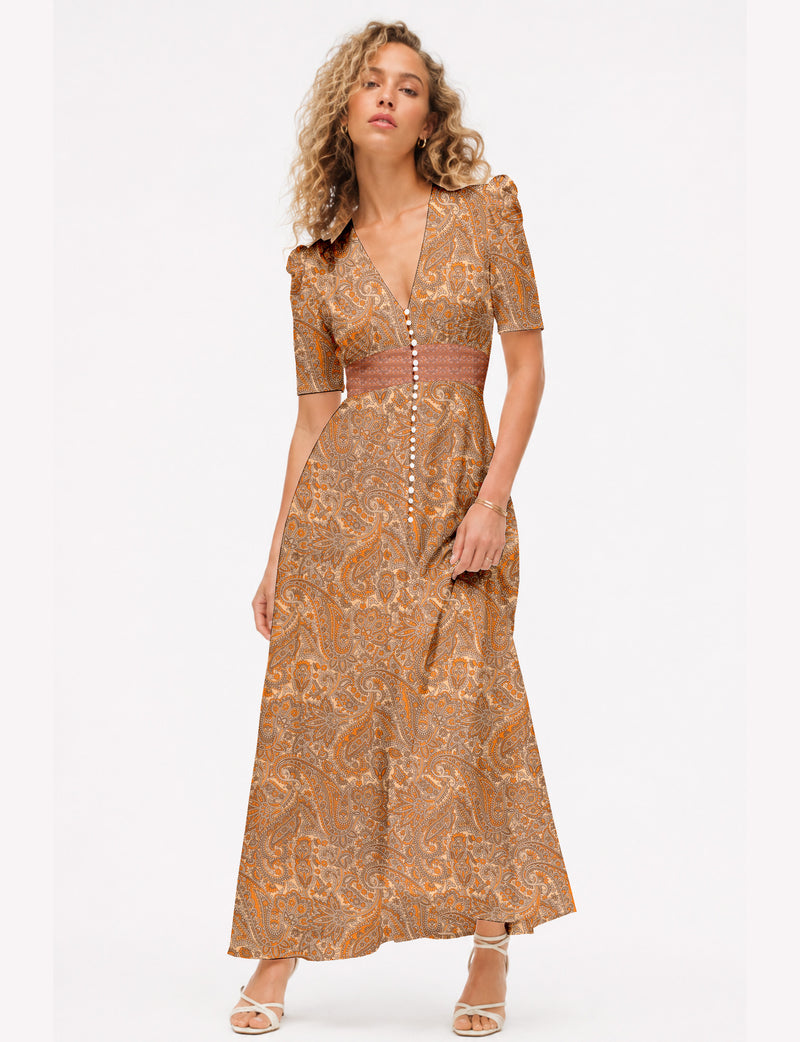Maxi romantic dress - Orange Paisley