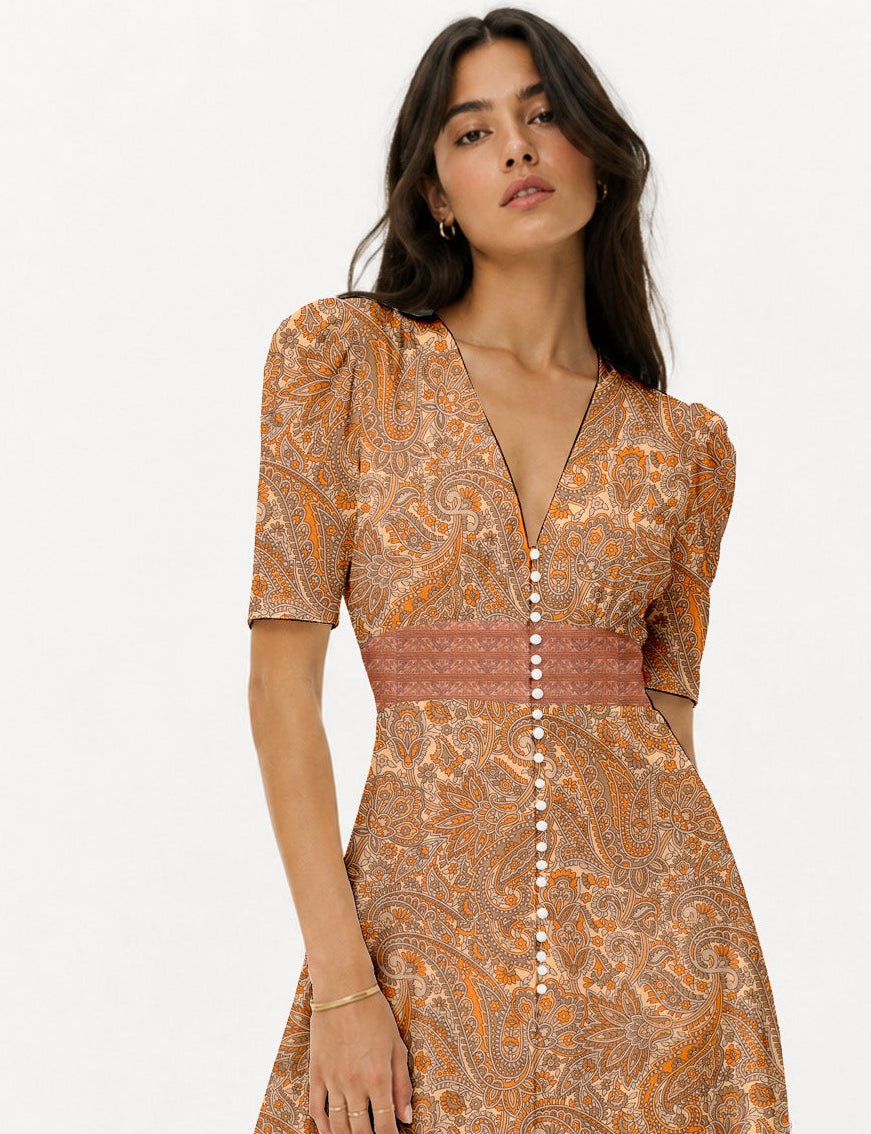 Maxi romantic dress - Orange Paisley