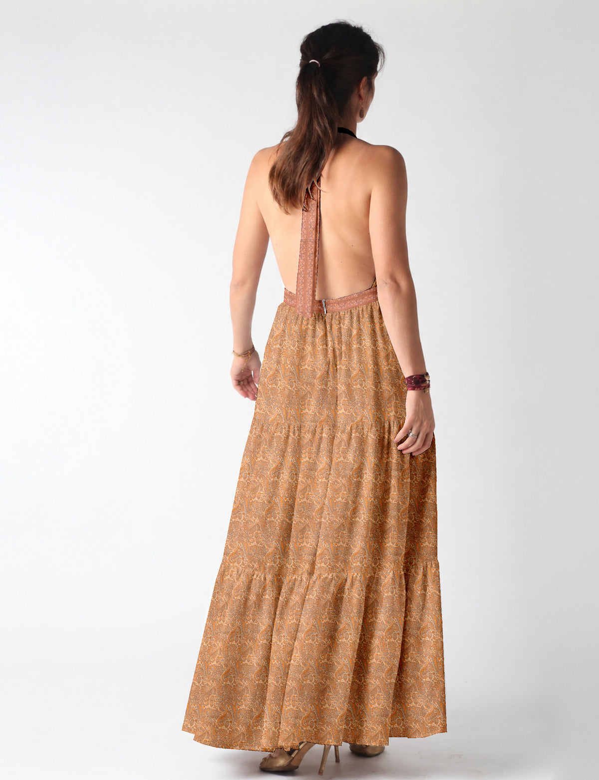 Maxi tiered dress by I was a Sari with halter neckline and flowy silhouette