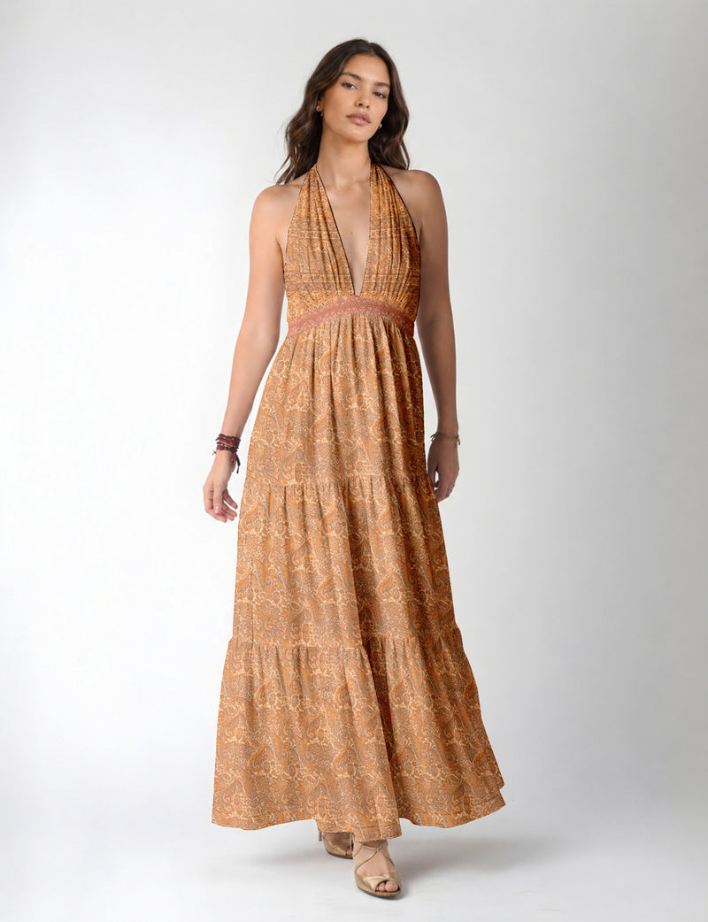 Flowy maxi tiered dress for vacations, brunch, and evening wear
