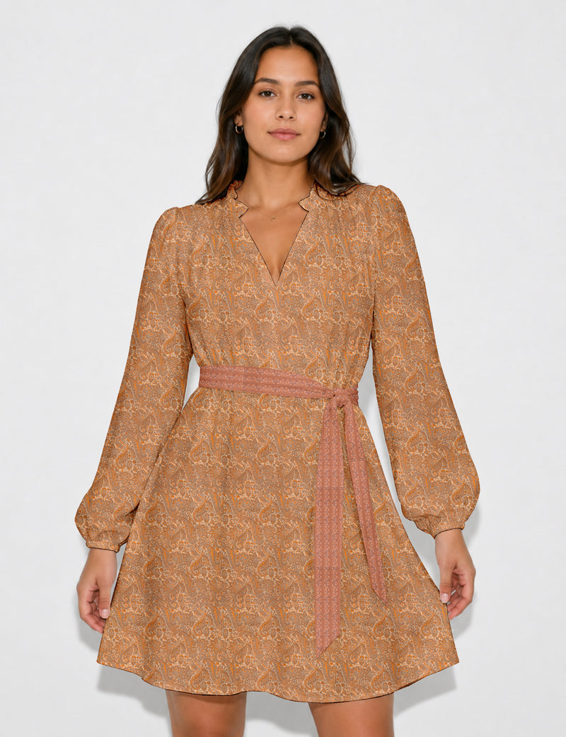 Swing dress with belt - Orange Paisley