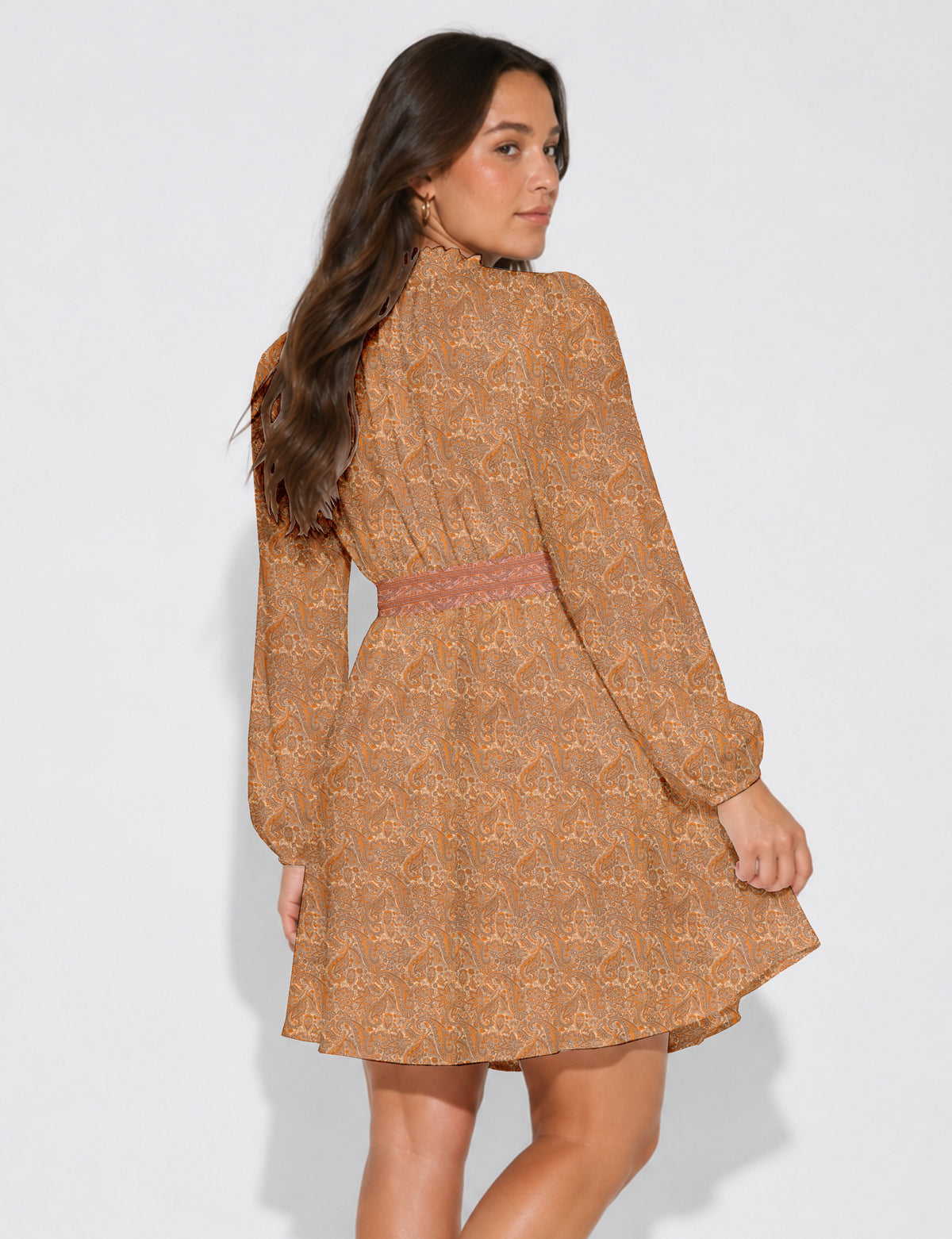 Swing dress with belt - Orange Paisley