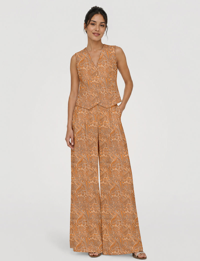 Women's tailored waistcoat set with a sleeveless V-neck button-front waistcoat and high-rise wide leg trousers in a coordinated matching outfit.
