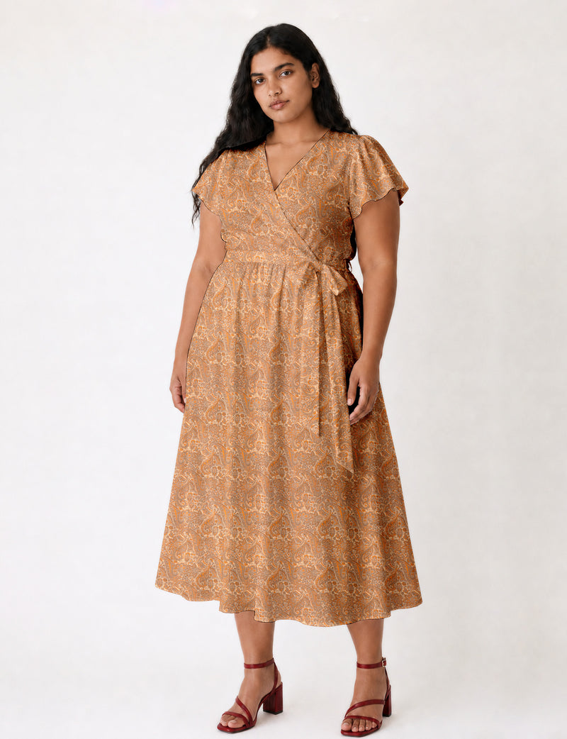 Elegant midi wrap dress with a V-neckline, adjustable waist tie, fitted bodice, and flared skirt for a timeless, flattering silhouette.