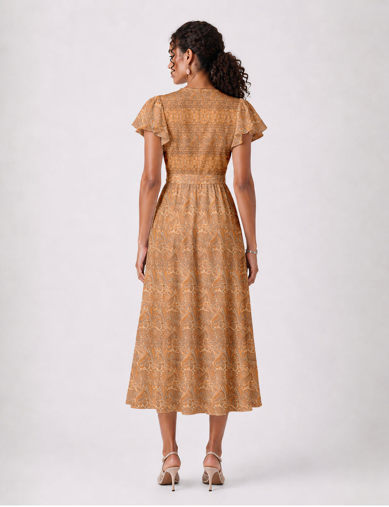 Elegant midi wrap dress with a V-neckline, adjustable waist tie, fitted bodice, and flared skirt for a timeless, flattering silhouette.