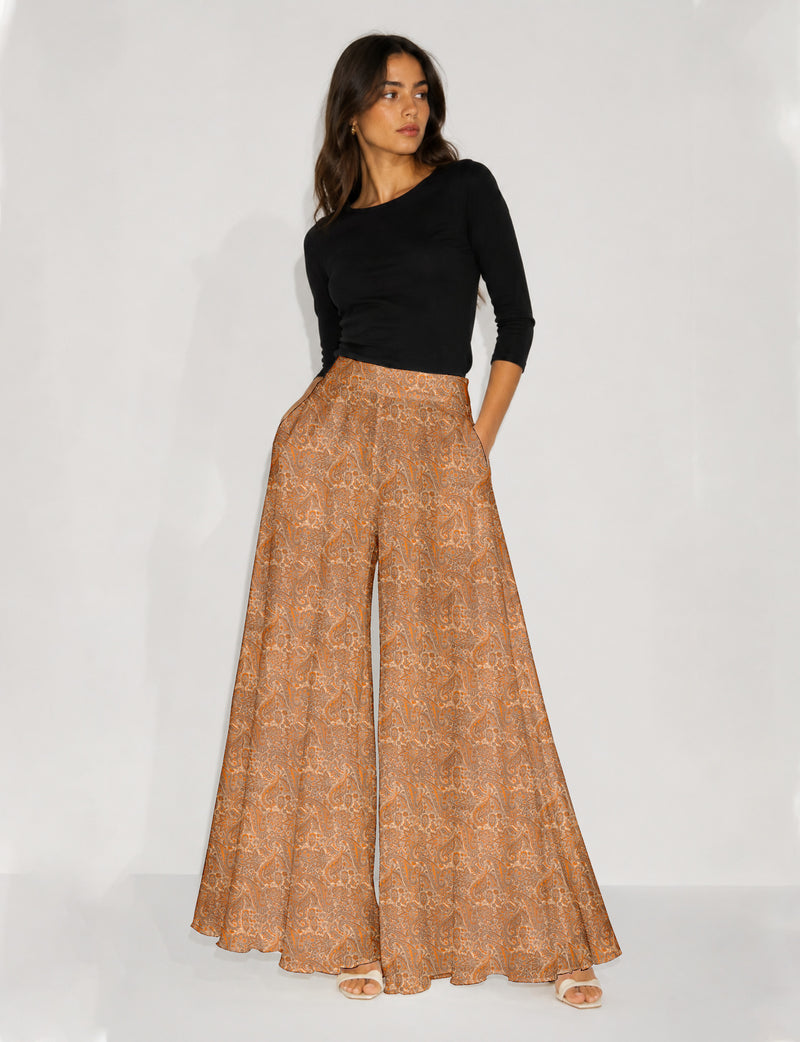 Wide Leg Palazzo Trousers - Orange Paisley