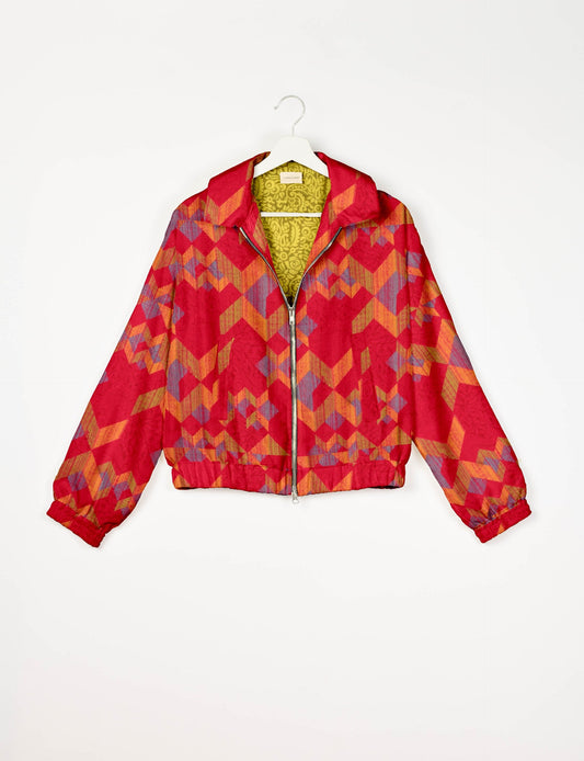 Stylish BOMBER JACKET, an upcycled clothing masterpiece with a cute cropped shape, elasticated details, and detachable metallic zipper. Contrast sari print lining adds a unique touch. Explore sustainable and eco-friendly fashion.