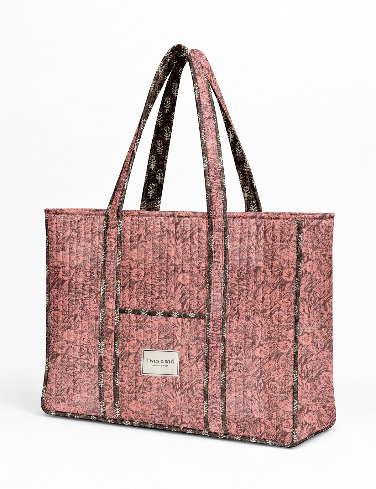Quilted work tote bag with structured rectangular design and long shoulder straps, representing slow fashion and ethical clothing ideals, made as part of upcycled women's clothing and sustainable women's clothing using recycled fashion and earth friendly clothing practices.