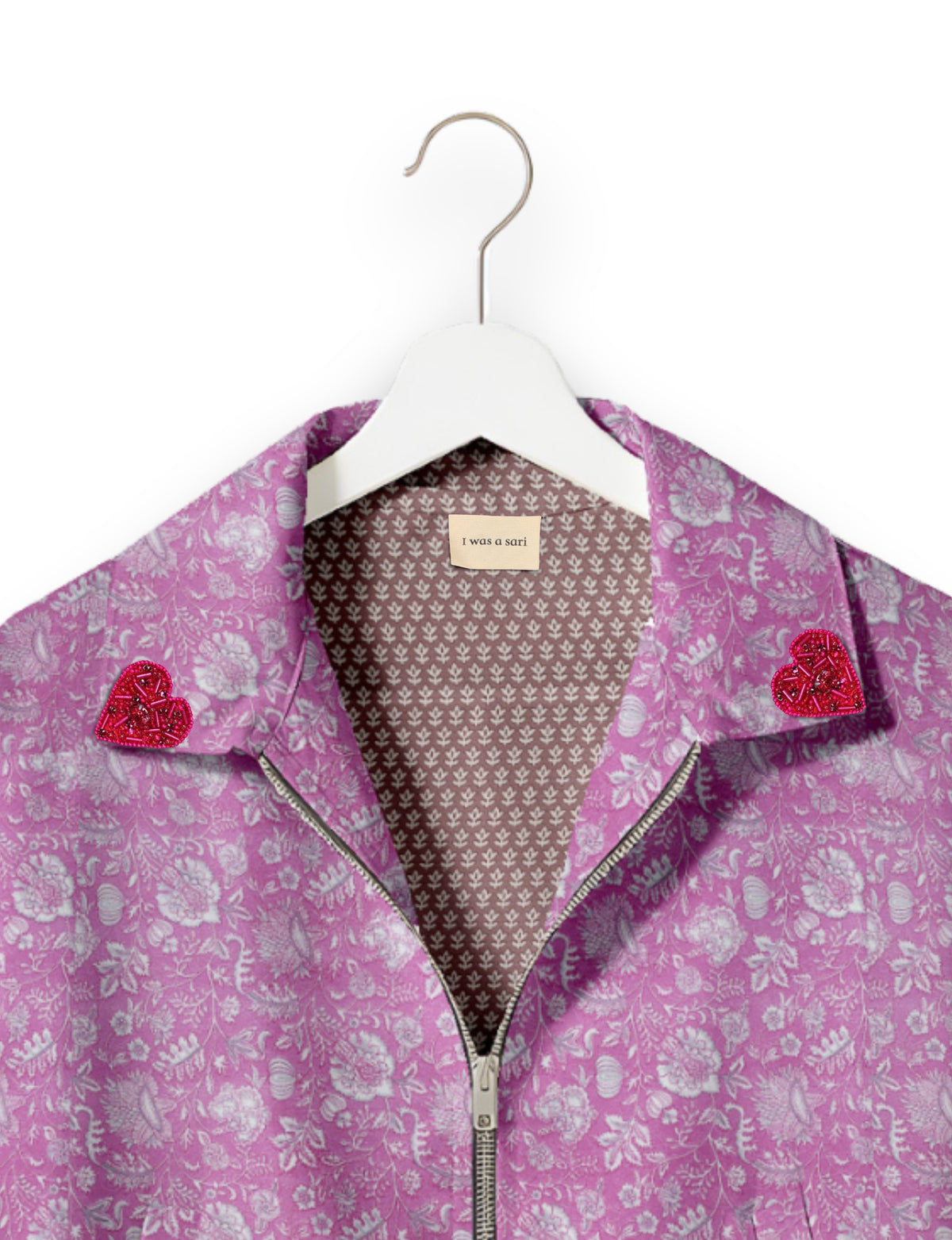 Love Bomber Jacket made from recycled fabric, featuring hand-stitched Aari embroidery. A unique piece of zero-waste clothing, part of the circular fashion movement. Designed with upcycled materials for a stylish yet environmentally friendly clothing choice.