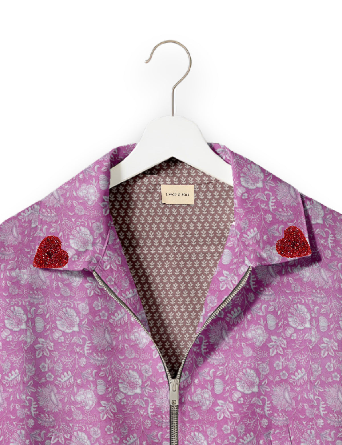 Love Bomber Jacket made from recycled fabric, featuring hand-stitched Aari embroidery. A unique piece of zero-waste clothing, part of the circular fashion movement. Designed with upcycled materials for a stylish yet environmentally friendly clothing choice.