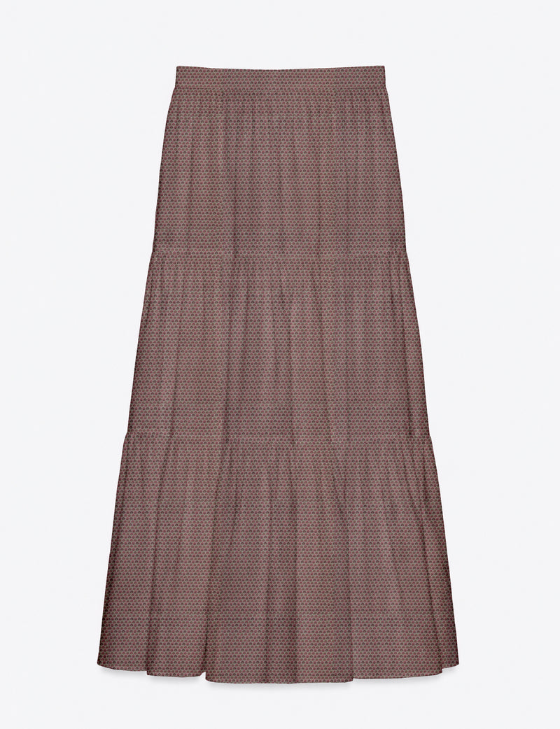 Pink floral midi tiered skirt with small flower pattern, flat lay front view on white background