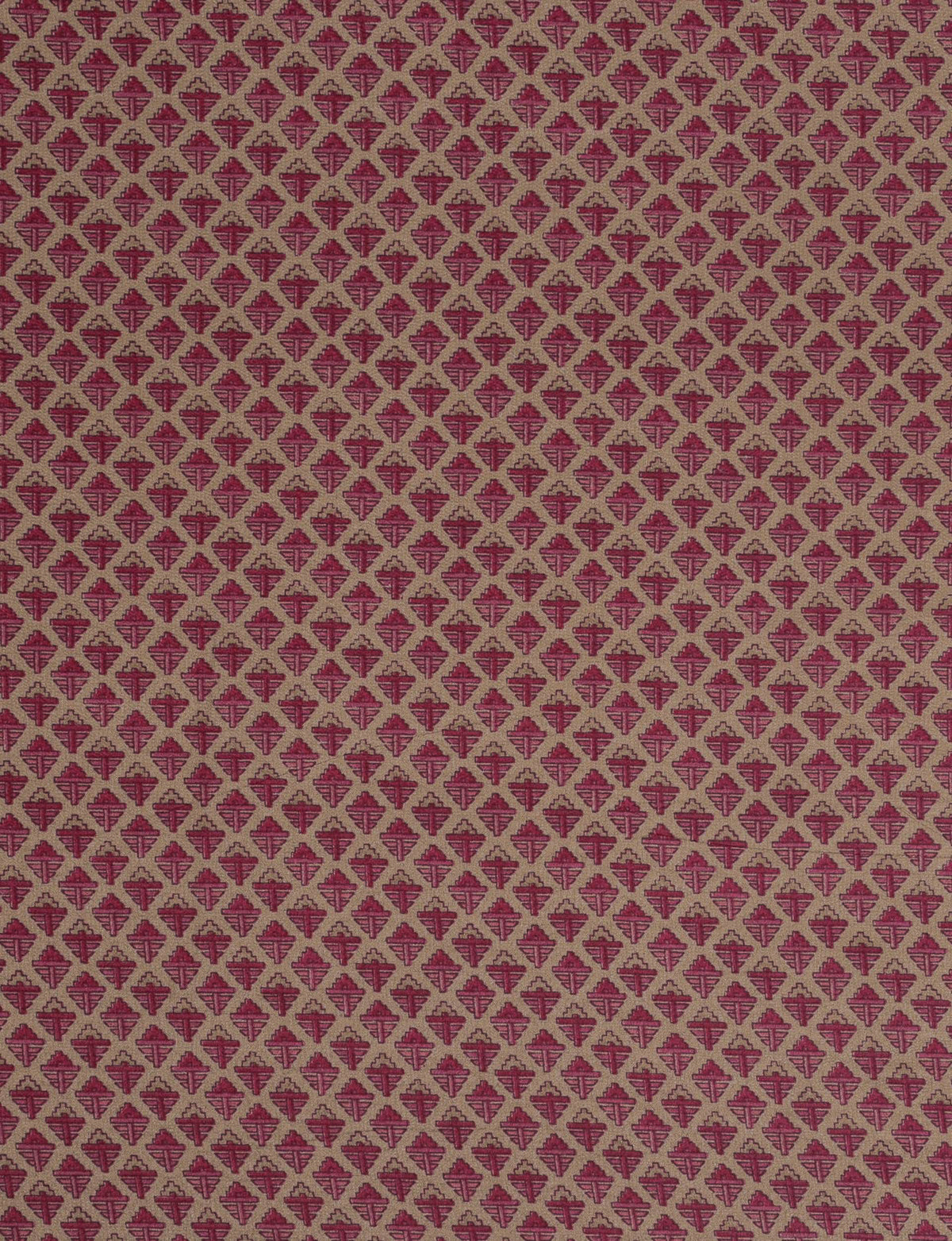 Pink bomber jacket fabric with repeating geometric pattern in darker pink and beige background, flat view