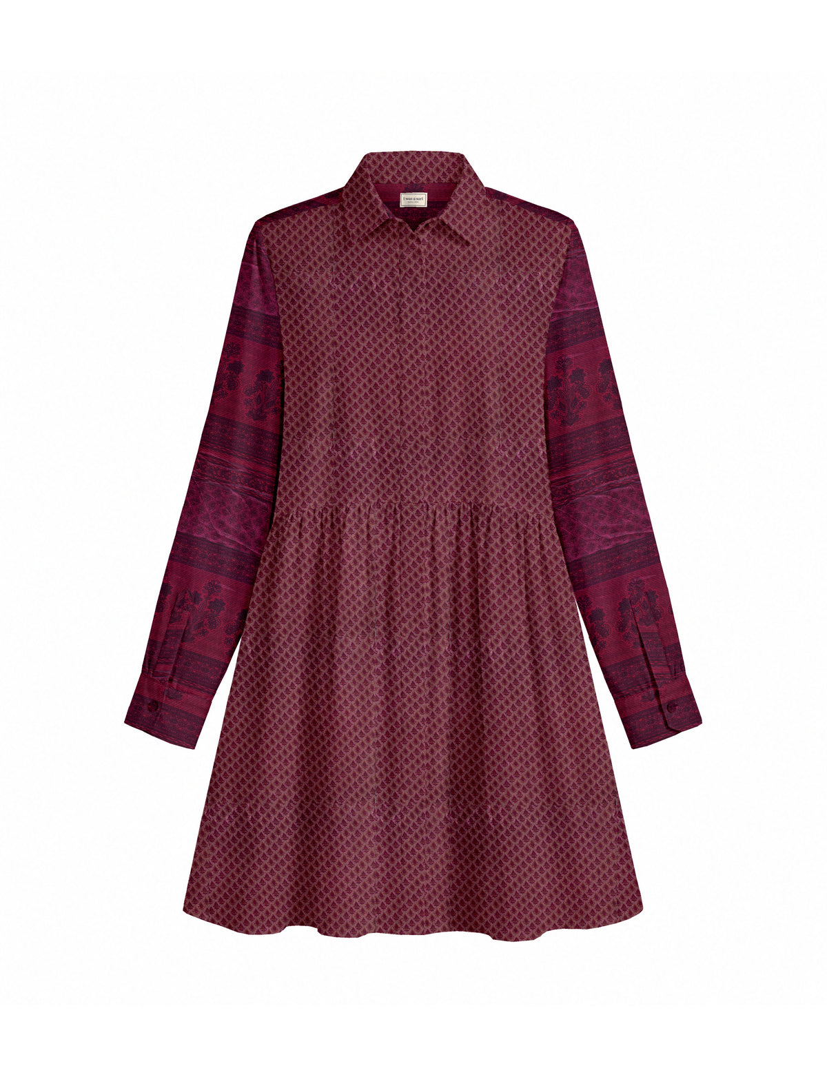 Long-sleeve shirt dress with pink leaf pattern, buttoned cuffs, and pointed collar, shown flat on white background