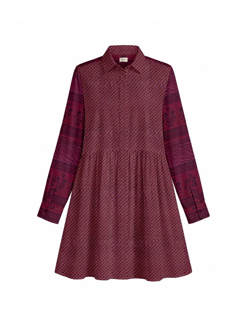 Long-sleeve shirt dress with pink leaf pattern, buttoned cuffs, and pointed collar, shown flat on white background